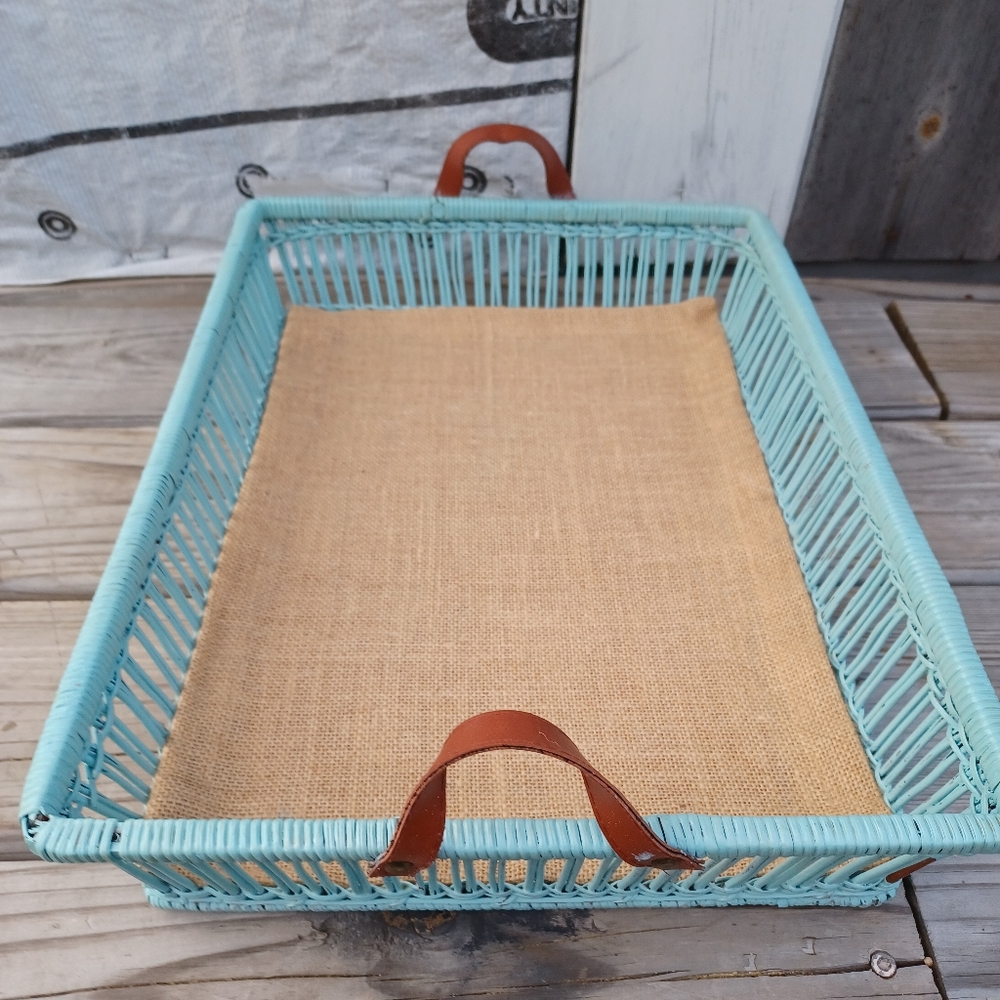 Vintage Blue Wicker & Wood Tray with Leather Handles, Large Size.